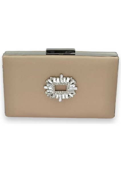 Vizon Renk Çizilmeyen Saten Gümüş Taşlı Abiye Çanta Düğün Nişan Çantası