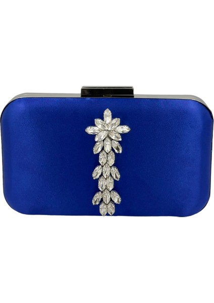 Saks Mavisi Renk Saten Gümüş Kasalı Gümüş Taşlı Abiye Çanta Gece Çantası Düğün Nişan Portföy