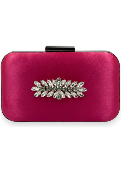 Fuşya Renk Saten Gümüş Kasalı Gümüş Taşlı Abiye Çanta Gece Çantası Düğün Nişan Portföy