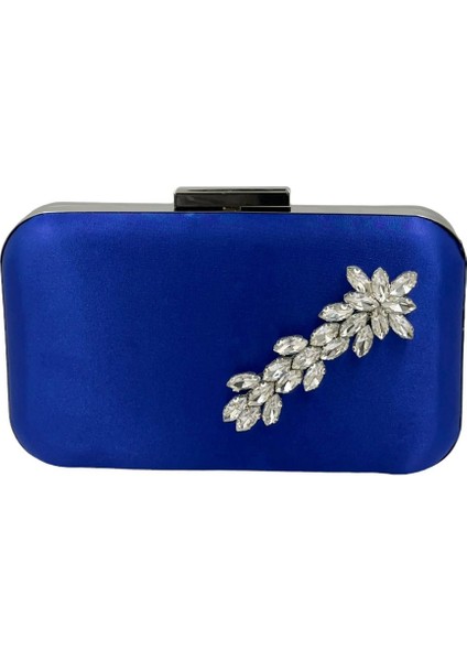 Saks Mavisi Renk Saten Gümüş Kasalı Gümüş Taşlı Abiye Çanta Gece Çantası Düğün Nişan Portföy