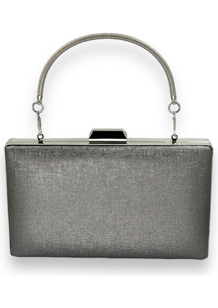 Antrasit Gri Platin Çizilmez Mat Deri Demir Saplı Metal Kasalı Abiye Çanta Nişan Düğün