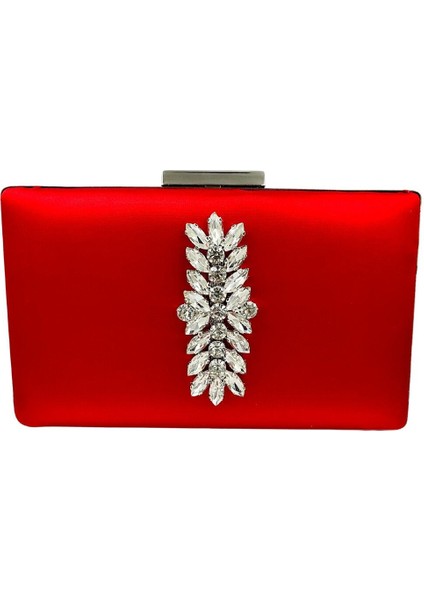 Kırmızı Renk Saten Gümüş Kasalı Gümüş Taşlı Abiye Çanta Gece Çantası Düğün Nişan Portföy