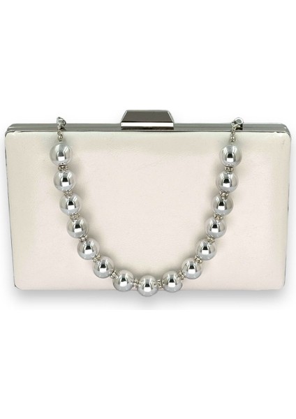 Sedef Beyaz Inci Saplı Kırışık Rugan Abiye Gece Düğün Nişan Kına Çantası