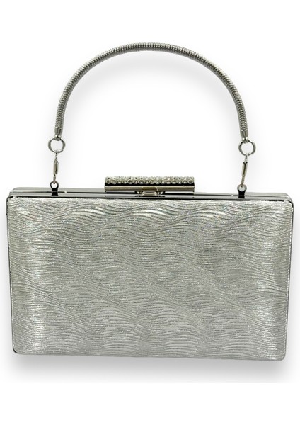 Gümüş Renk Lazer Su Yolu Desenli Abiye Çanta Gece Çantası Düğün Nişan Kına Çantası