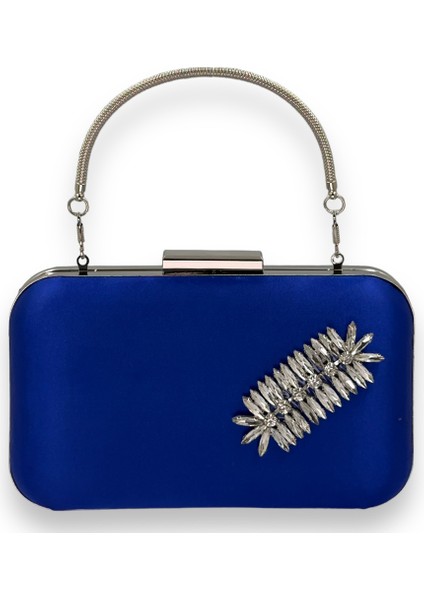 Saks Mavi Renk Saten Gümüş Kasalı Gümüş Taşlı Kulplu Saplı Abiye Gece Çantası Düğün Portföy