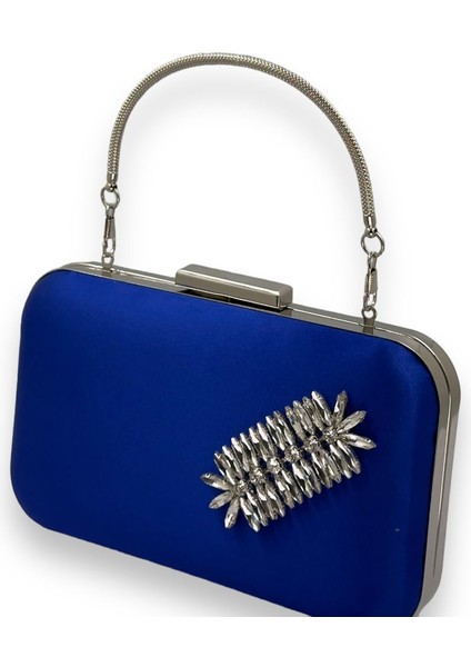 Saks Mavi Renk Saten Gümüş Kasalı Gümüş Taşlı Kulplu Saplı Abiye Gece Çantası Düğün Portföy fiyatları