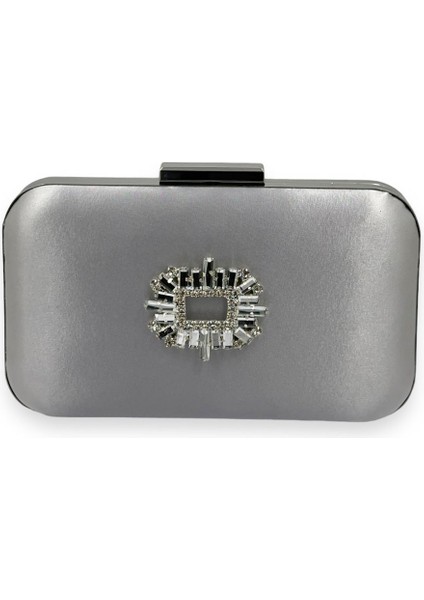 Gümüş Gri Renk Saten Gümüş Kasalı Gümüş Taşlı Abiye Çanta Gece Çantası Düğün Nişan Portföy