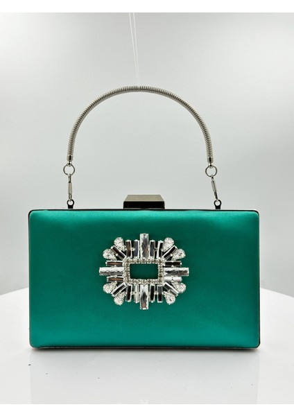 Yeşil Renk Saten Gümüş Kasalı Gümüş Taşlı Abiye Çanta Gece Çantası Düğün Nişan Portföy