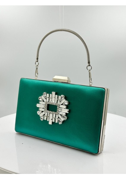 Yeşil Renk Saten Gümüş Kasalı Gümüş Taşlı Abiye Çanta Gece Çantası Düğün Nişan Portföy fiyatları