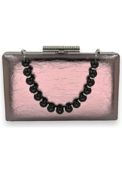 Platin Gri Inci Saplı Kırışık Rugan Abiye Çantası Gece Çantası Düğün Nişan Kına Çantası