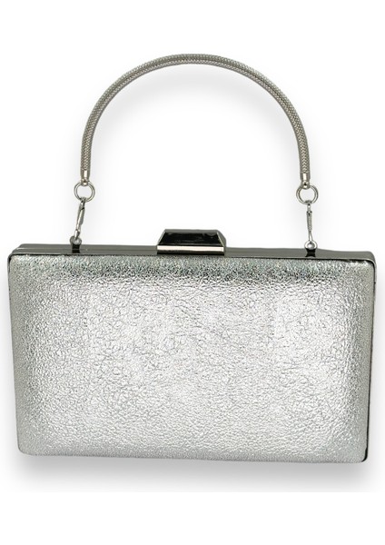 Gümüş Gri Kristal Desenli Mat Deri Metal Saplı Abiye Çanta Gece Çantası Kına Düğün Nişan Çantası