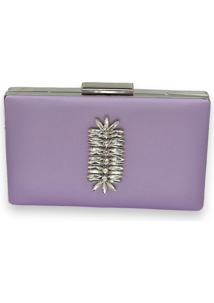 Lila Renk Çizilmeyen Saten Gümüş Taşlı Abiye Çanta Düğün Nişan Çantası