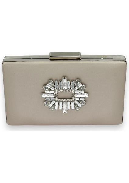 Ten Nude Rengi Çizilmeyen Saten Gümüş Taşlı Abiye Çanta Düğün Nişan Çantası