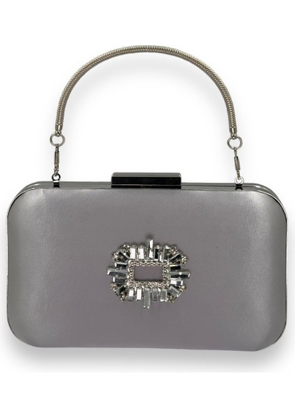 Gri Renk Saten Gümüş Kasalı Gümüş Taşlı Kulplu Saplı Abiye Gece Çantası Düğün Portföy