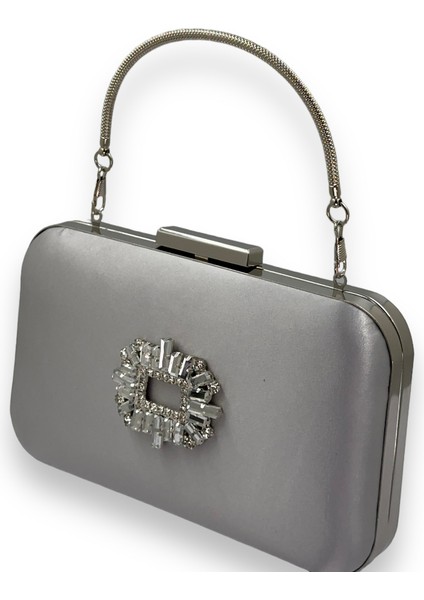 Gri Renk Saten Gümüş Kasalı Gümüş Taşlı Kulplu Saplı Abiye Gece Çantası Düğün Portföy fiyatları