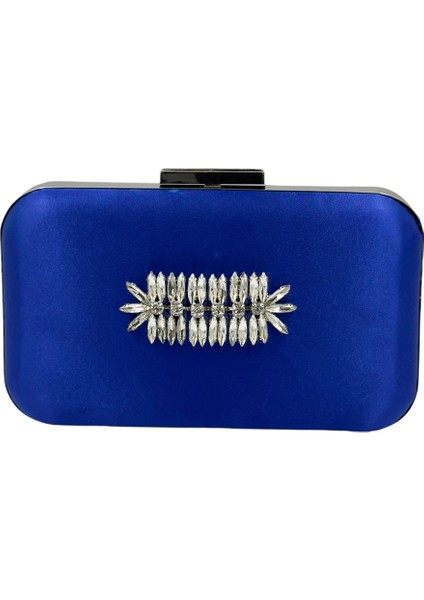 Saks Mavisi Renk Saten Gümüş Kasalı Gümüş Taşlı Abiye Çanta Gece Çantası Düğün Nişan Portföy