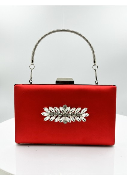 Kırmızı Renk Saten Gümüş Kasalı Gümüş Taşlı Abiye Çanta Gece Çantası Düğün Nişan Portföy