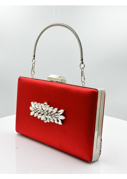 Kırmızı Renk Saten Gümüş Kasalı Gümüş Taşlı Abiye Çanta Gece Çantası Düğün Nişan Portföy fiyatları