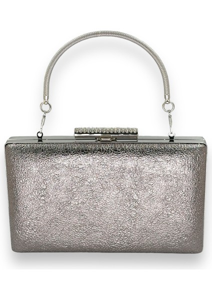 Kristal Desenli Platin Mat Deri Metal Saplı Abiye Çanta Gece Çantası Kına Düğün Nişan Çantası