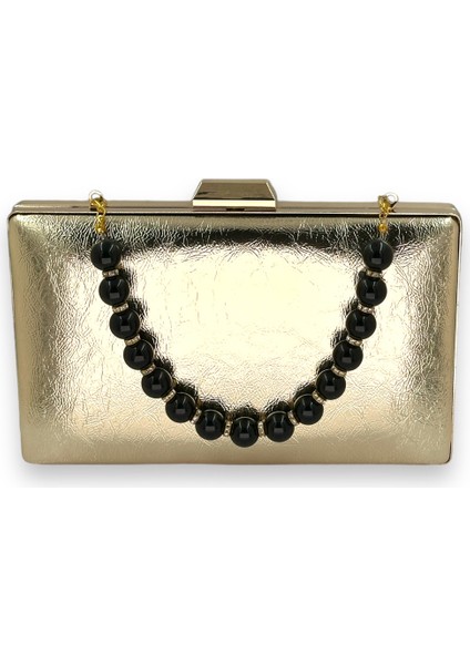 Altın Gold Dore Inci Saplı Kırışık Rugan Abiye Gece Düğün Nişan Kına Çantası