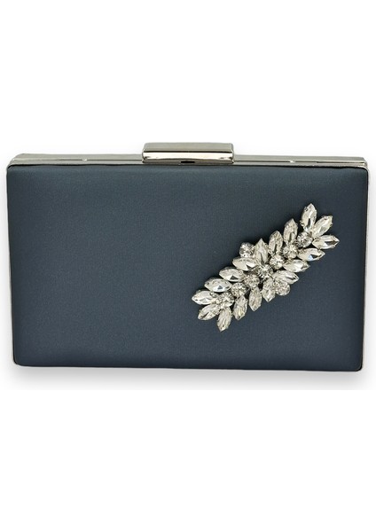 Lacivert Renk Çizilmeyen Saten Gümüş Taşlı Abiye Çanta Düğün Nişan Çantası