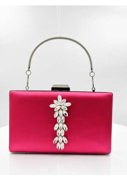 Fuşya Renk Saten Gümüş Kasalı Gümüş Taşlı Abiye Çanta Gece Çantası Düğün Nişan Portföy