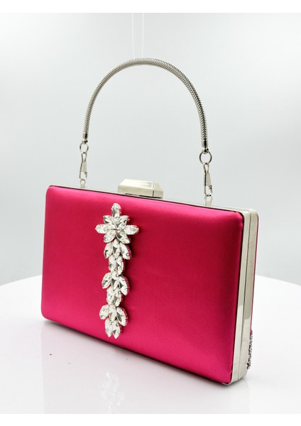Fuşya Renk Saten Gümüş Kasalı Gümüş Taşlı Abiye Çanta Gece Çantası Düğün Nişan Portföy fiyatları