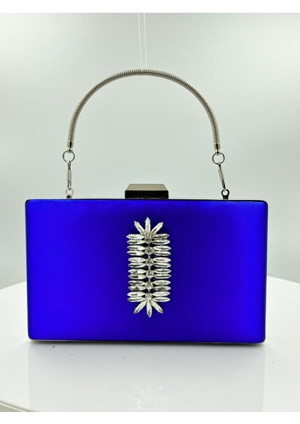 Saks Mavisi Renk Saten Gümüş Kasalı Gümüş Taşlı Abiye Çanta Gece Çantası Düğün Nişan Portföy