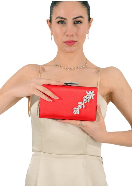 Kırmızı Renk Saten Kristal Taşlı Abiye Çanta Düğün Nişan Gece Çantası El Yapımı Çanta