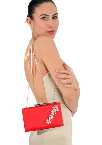 Kırmızı Renk Saten Kristal Taşlı Abiye Çanta Düğün Nişan Gece Çantası El Yapımı Çanta modelleri