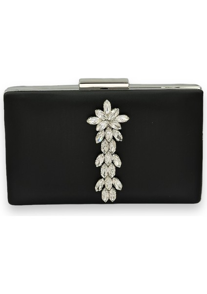 Siyah Renk Çizilmeyen Saten Gümüş Taşlı Abiye Çanta Düğün Nişan Çantası