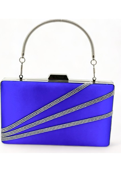 Saks Mavisi Renk Saten Gümüş Kasalı Gümüş Taşlı Abiye Çanta Gece Çantası Düğün Nişan Portföy