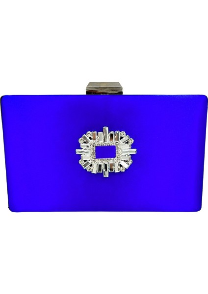 Saks Mavisi Renk Saten Gümüş Kasalı Gümüş Taşlı Abiye Çanta Gece Çantası Düğün Nişan Portföy