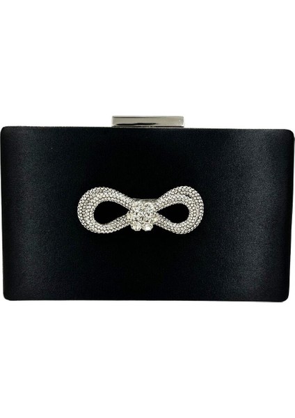 Siyah Renk Saten Gümüş Kasalı Gümüş Taşlı Abiye Çanta Gece Çantası Düğün Nişan Portföy