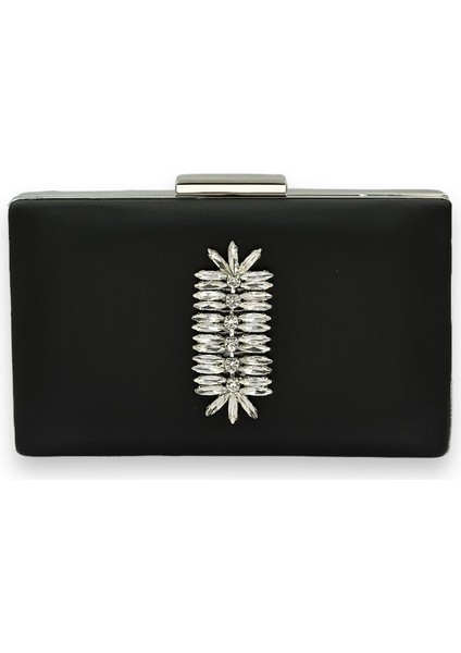 Siyah Renk Çizilmeyen Saten Gümüş Taşlı Abiye Çanta Düğün Nişan Çantası