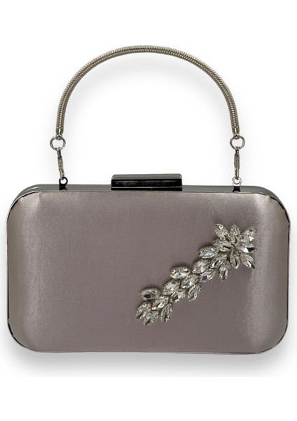 Vizon Renk Saten Gümüş Kasalı Gümüş Taşlı Kulplu Saplı Abiye Gece Çantası Düğün Portföy