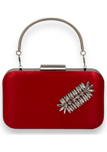 Kırmızı Renk Saten Gümüş Kasalı Gümüş Taşlı Kulplu Saplı Abiye Gece Çantası Düğün Portföy