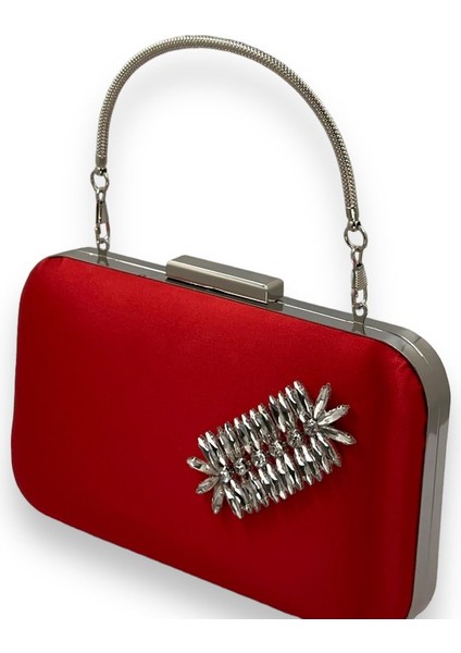 Kırmızı Renk Saten Gümüş Kasalı Gümüş Taşlı Kulplu Saplı Abiye Gece Çantası Düğün Portföy fiyatları
