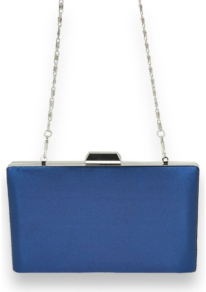 Lacivert Renk Saten Çanta Abiye Çanta Abiye Çanta Gümüş Kasalı Zincirli Düğün Nişan modelleri