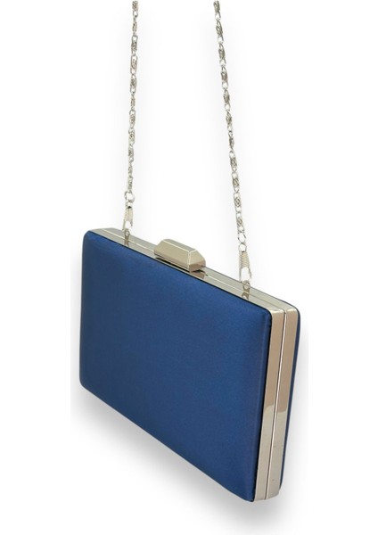 Lacivert Renk Saten Çanta Abiye Çanta Abiye Çanta Gümüş Kasalı Zincirli Düğün Nişan fırsatları