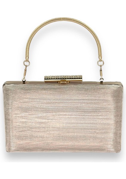 Altın Gold Renk Ithal Lazer Desenli Çizgili Metal Saplı Abiye Gece Çantası Nişan Düğün Davet Balo