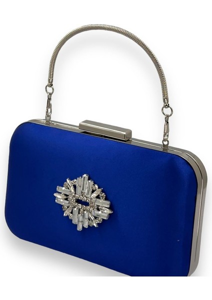 Saks Renk Saten Gümüş Kasalı Gümüş Taşlı Kulplu Saplı Abiye Gece Çantası Düğün Portföy