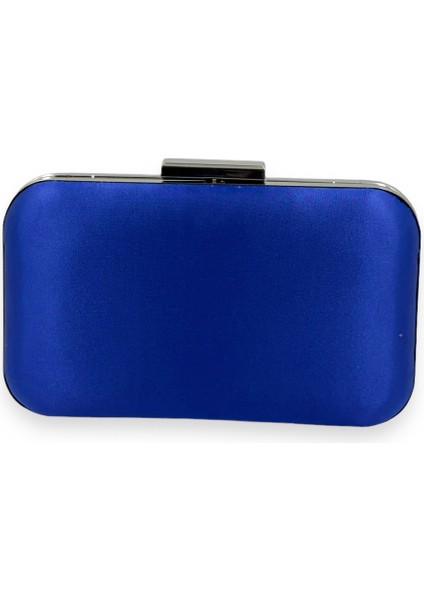 Saks Mavisi Renk Saten Gümüş Kasalı Abiye Çanta Gece Çantası Düğün Nişan Portföy
