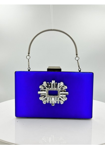 Saks Mavisi Renk Saten Gümüş Kasalı Gümüş Taşlı Abiye Çanta Gece Çantası Düğün Nişan Portföy