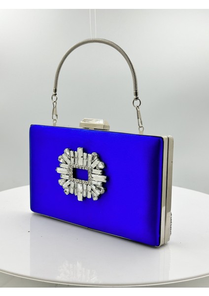 Saks Mavisi Renk Saten Gümüş Kasalı Gümüş Taşlı Abiye Çanta Gece Çantası Düğün Nişan Portföy fiyatları