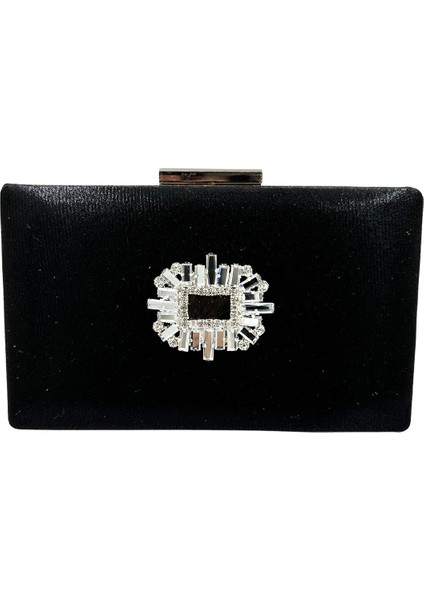 Siyah Renk Saten Kasalı Gümüş Taşlı Abiye Çanta Gece Çantası Düğün Nişan Portföy