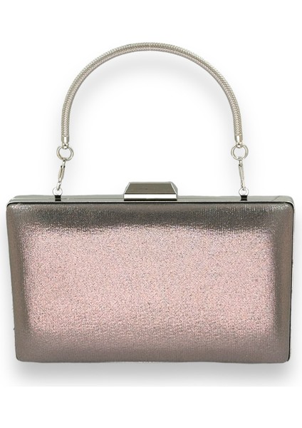 Platin Sıvama Saten Metal Kulplu Parlak Kumaş Abiye Çanta Gece Çantası Kına Düğün Nişan