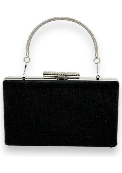 Siyah Renk Lazer Desenli Metal Saplı Dökülmeyen Simli Abiye Çanta Gece Çantası Kına Düğün Nişan