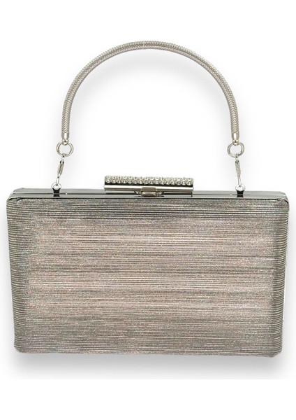Platin Renk Ithal Lazer Desenli Çizgili Metal Saplı Abiye Gece Çantası Nişan Düğün Davet Balo