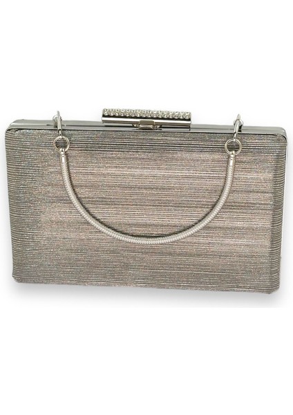 Platin Renk Ithal Lazer Desenli Çizgili Metal Saplı Abiye Gece Çantası Nişan Düğün Davet Balo modelleri